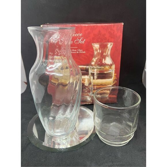 VTG Indiana Glass Co 2 Pc Clear Glass Bedside Water Set Tumble up - Picture 1 of 8